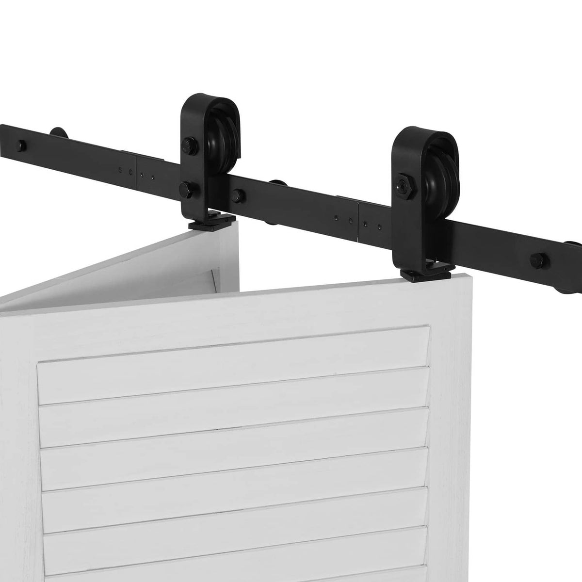 Black sliding barn door track with rollers and mounting brackets for two doors