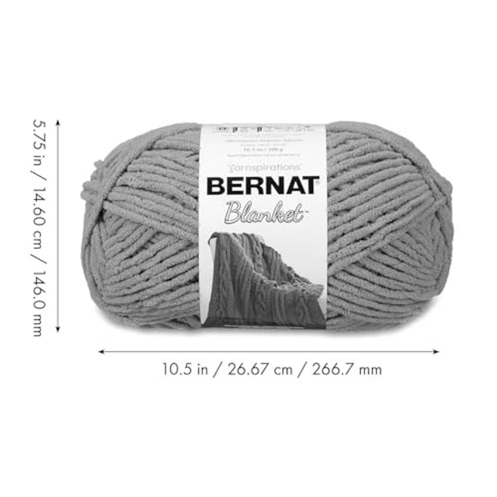 Super bulky blanket yarn skein in medium gray; label with size dimensions