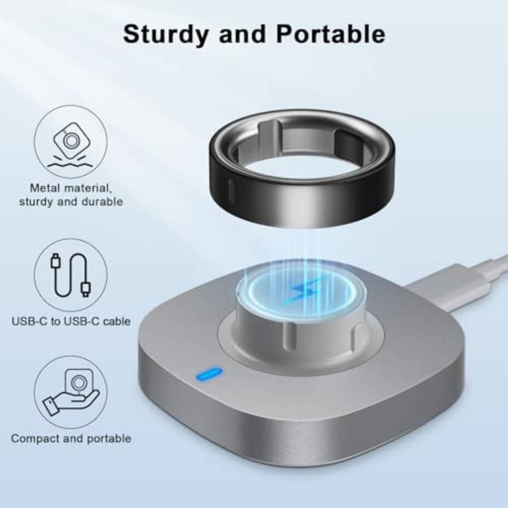 Portable ring charging dock with USB-C to USB-C cable, metal base and blue LED light