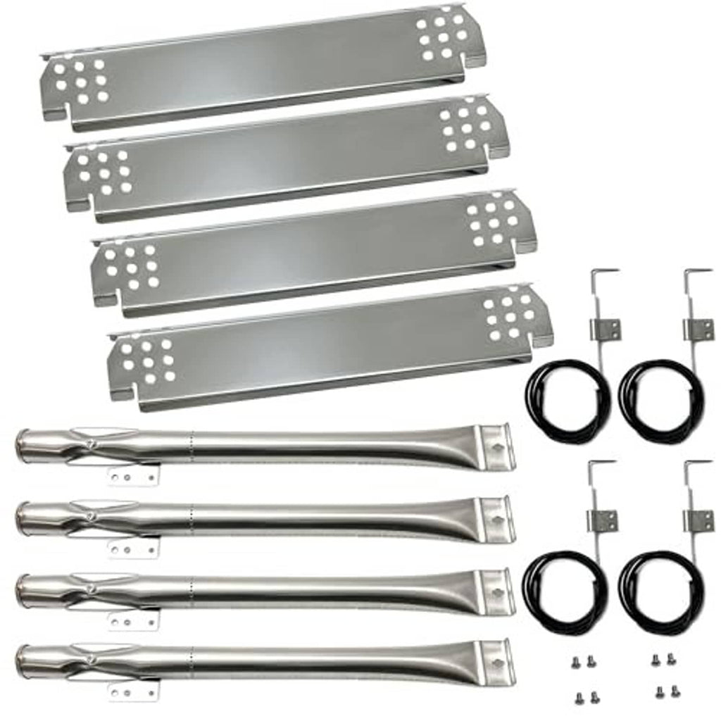 Set of grill burner heat plates with igniter wire rings and mounting brackets