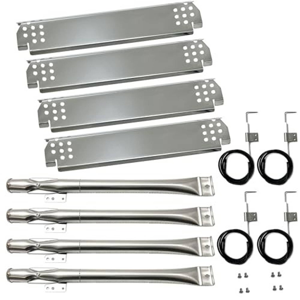 Set of grill burner heat plates with igniter wire rings and mounting brackets