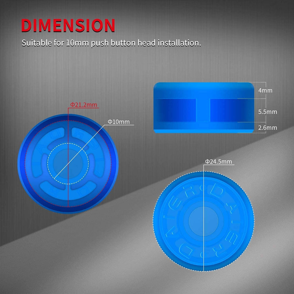 Glow-in-the-dark blue footswitch topper with size measurement diagram
