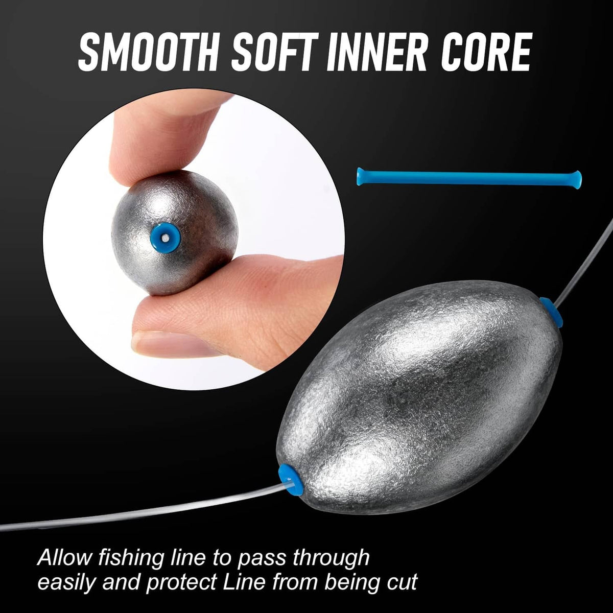 Single oval lead fishing sinker, dark gray metal with blue line hole