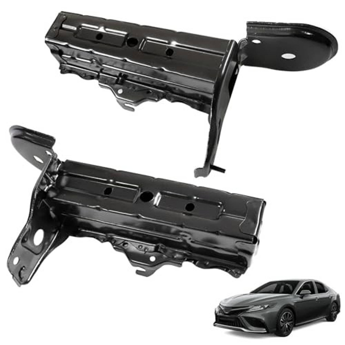Black metal front bumper brackets set, two pieces with mounting holes and tabs