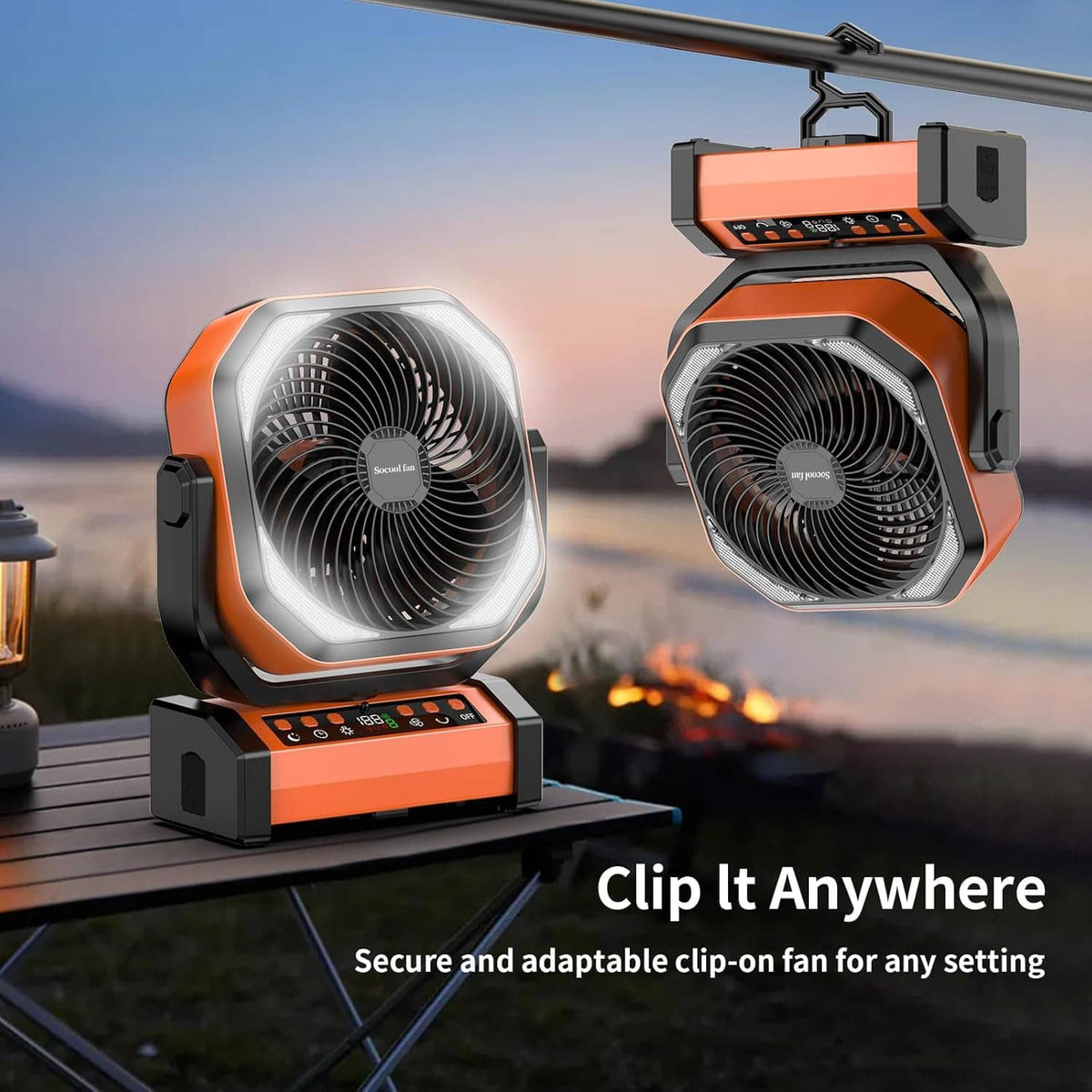 Rechargeable camping fan with light, orange and black clip-on fan with illuminated glow