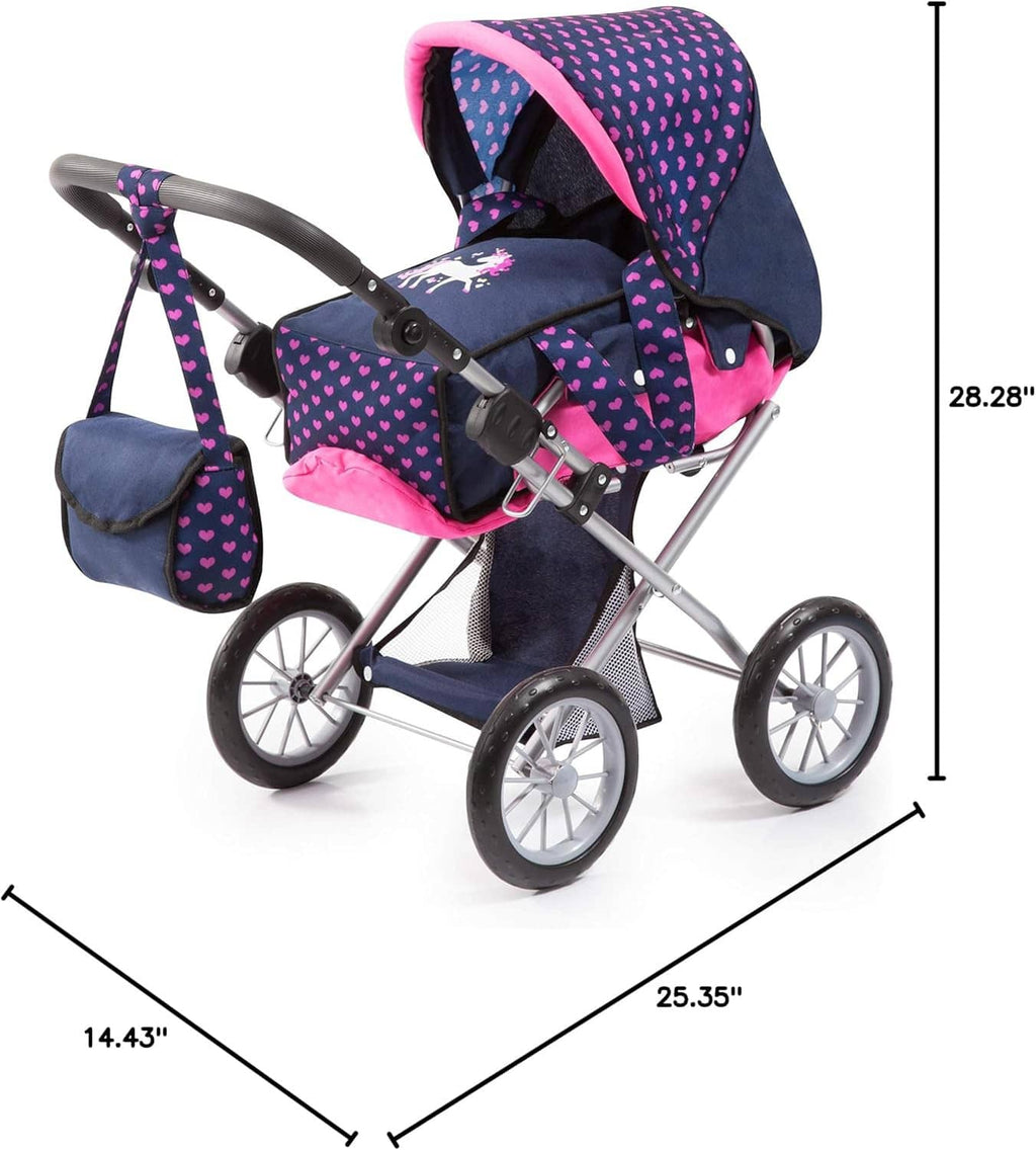Navy and pink heart print doll stroller with canopy and accessory bag, side view