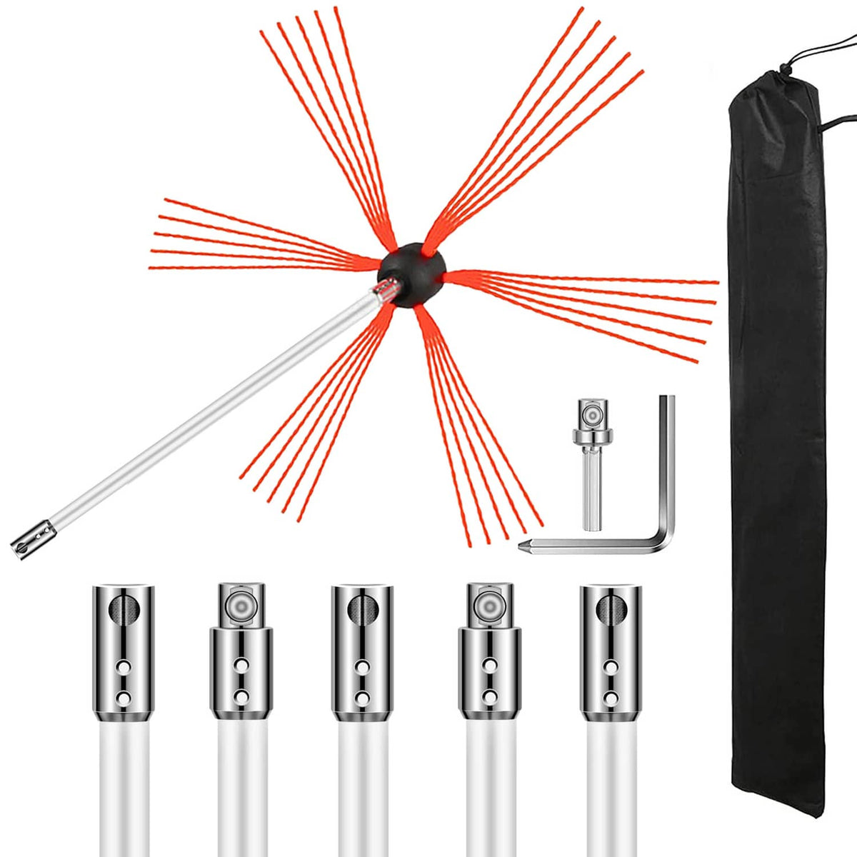 Chimney cleaning brush kit with red bristles, rods, and black storage bag