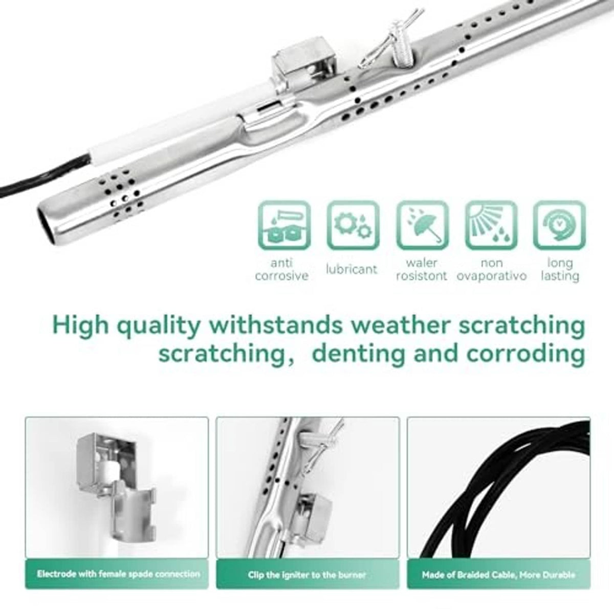 Stainless steel burner bar with electrode clip and perforated flame holes