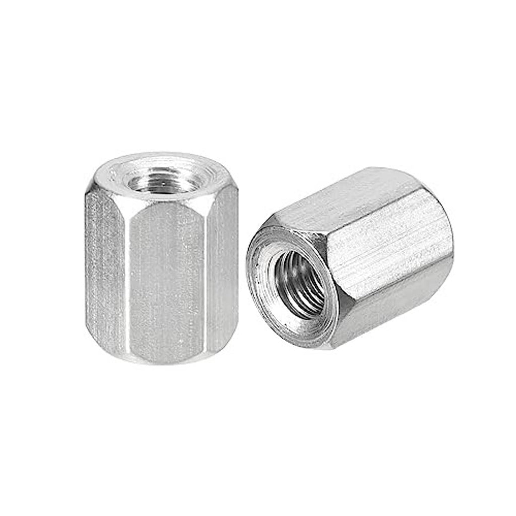 Two stainless steel hex coupling nuts, one side view showing internal threads