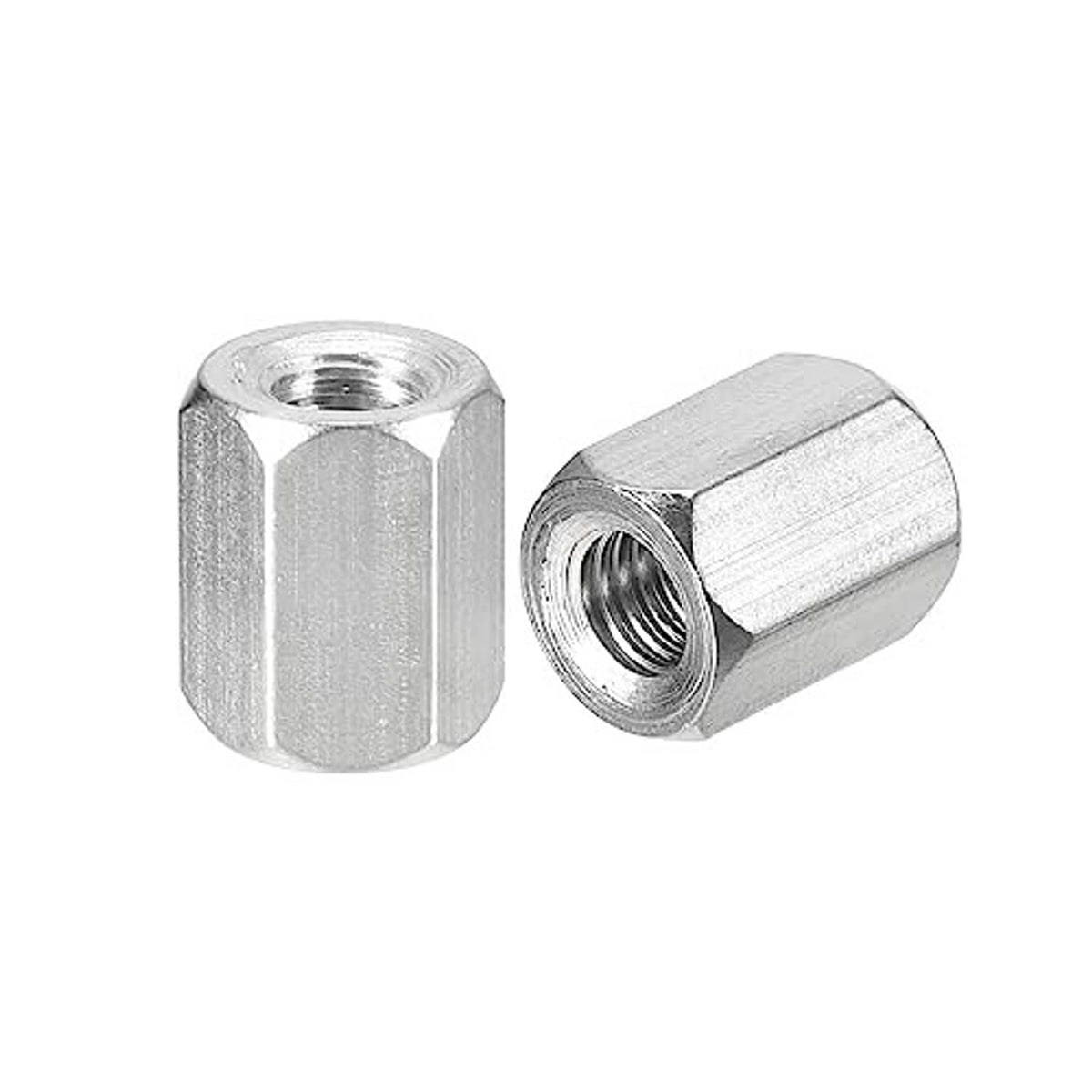 Two stainless steel hex coupling nuts, one side view showing internal threads