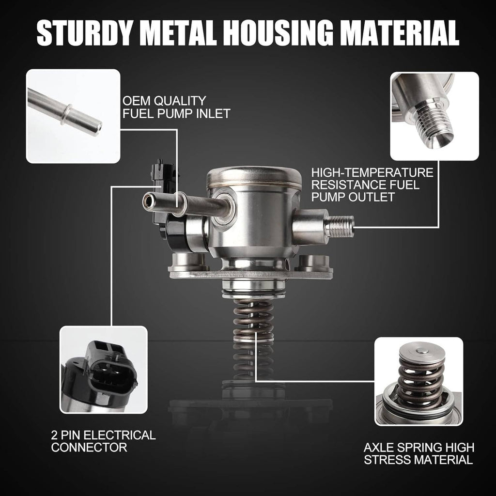 High-pressure fuel pump with metal housing and coil spring, labeled feature graphic