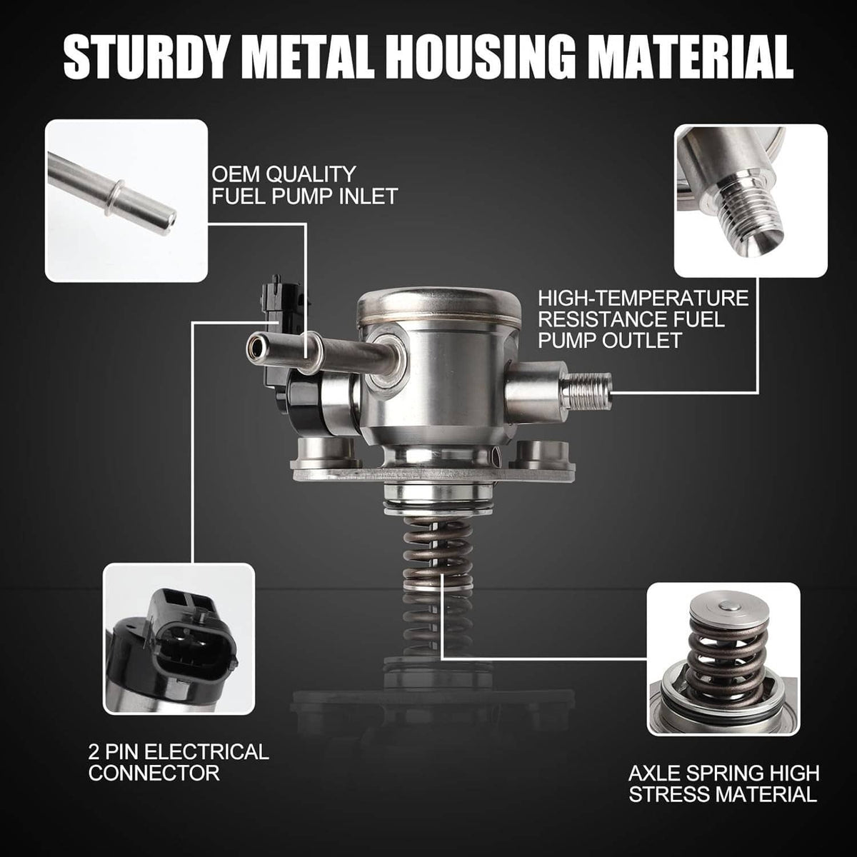 High-pressure fuel pump with metal housing and coil spring, labeled feature graphic