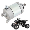 12V starter motor with pinion shaft and side mounting bracket, silver-gray metal body