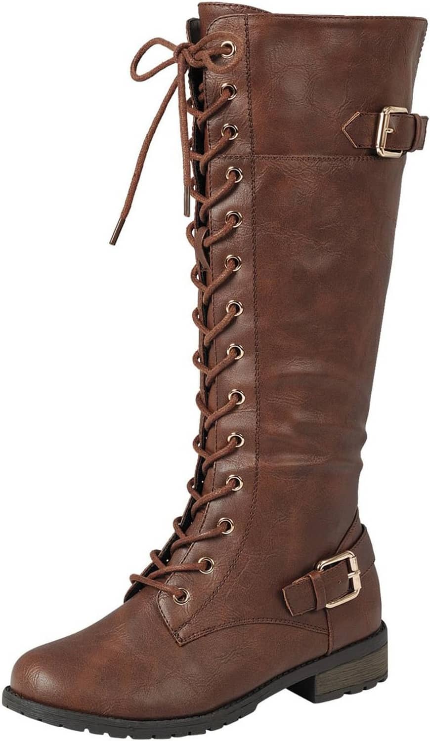 Brown tall riding boots with lace-up closure, side buckle straps, and low block heel