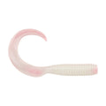 Pink plastic paddle-tail fishing worm lure with ridged body and curved tail