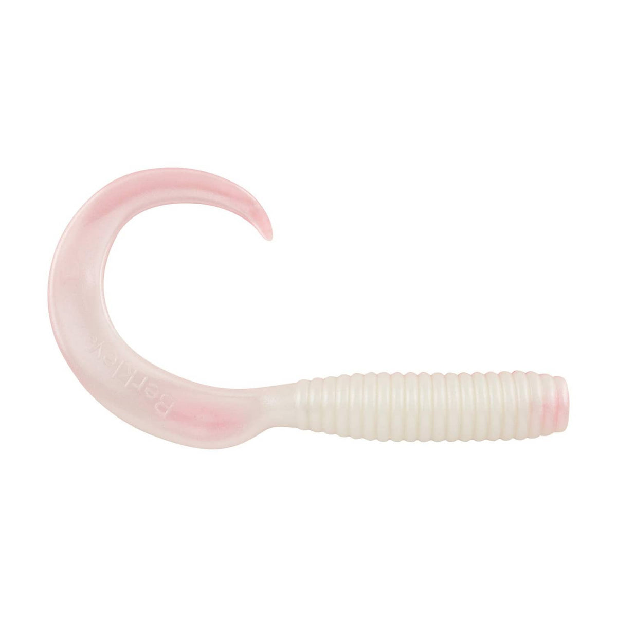 Pink plastic paddle-tail fishing worm lure with ridged body and curved tail
