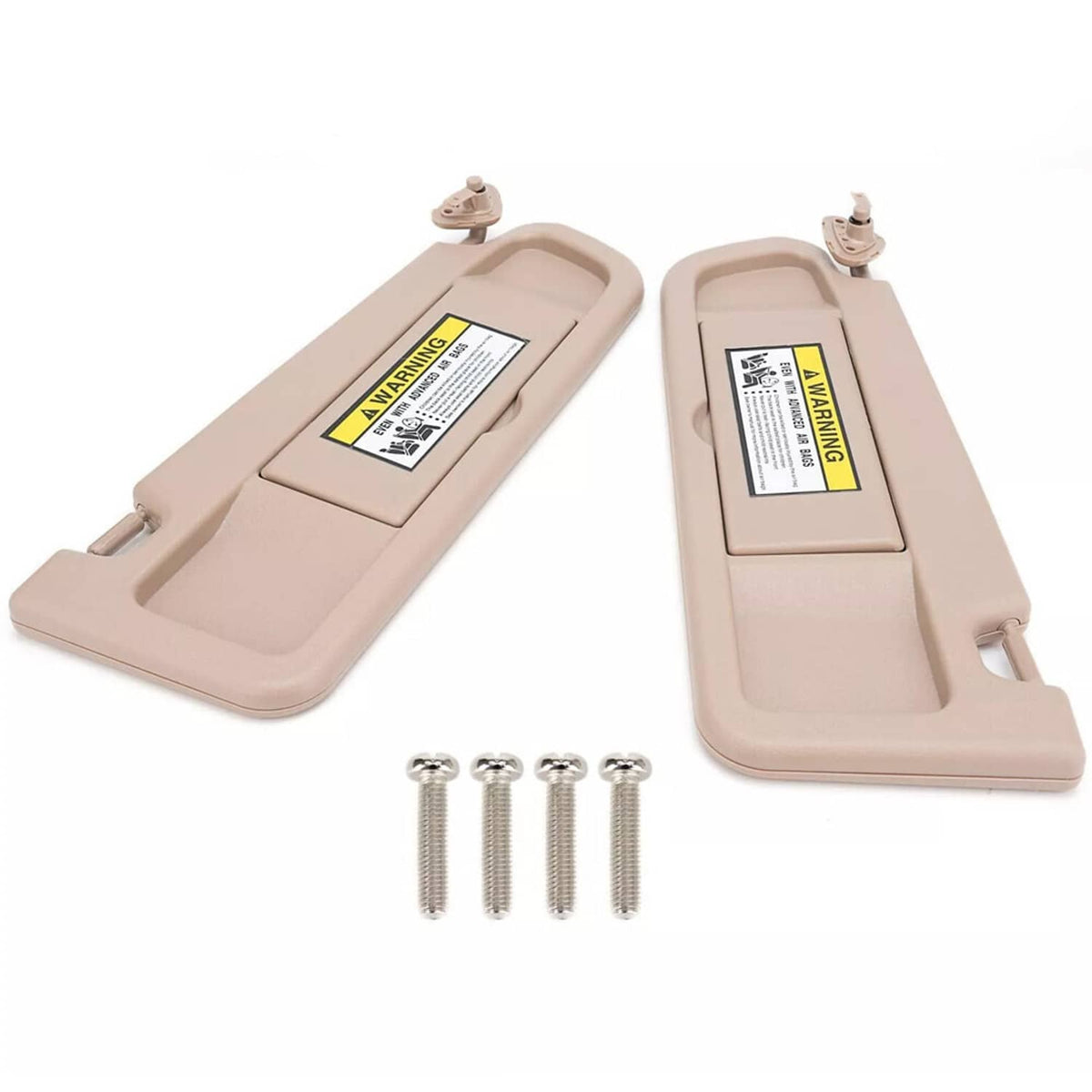 Beige left and right sun visors with warning labels and four mounting screws