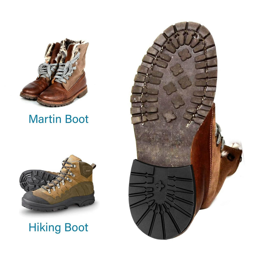Boot heel replacement pads shown on shoe soles with grip tread