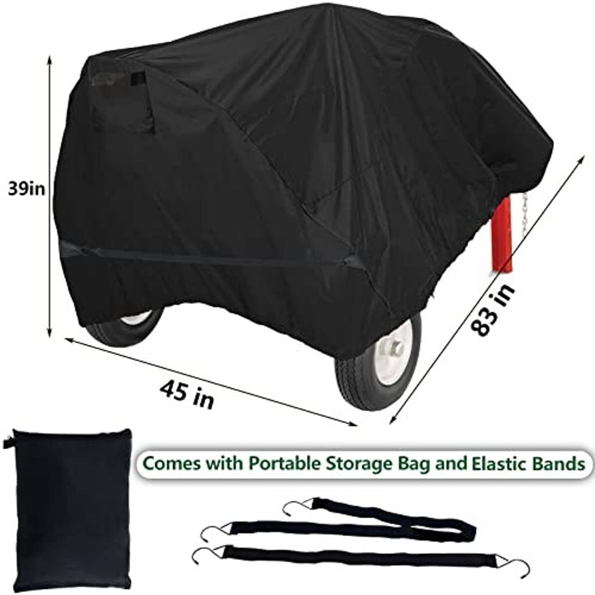 Black log splitter cover with storage bag and elastic bands, size 45 in wide