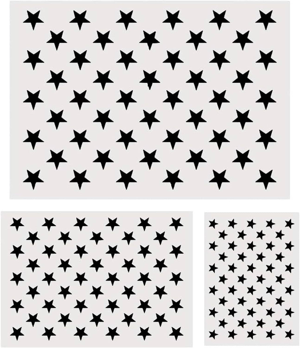 Reusable star template sheets for American flag, three panels with black stars of sizes