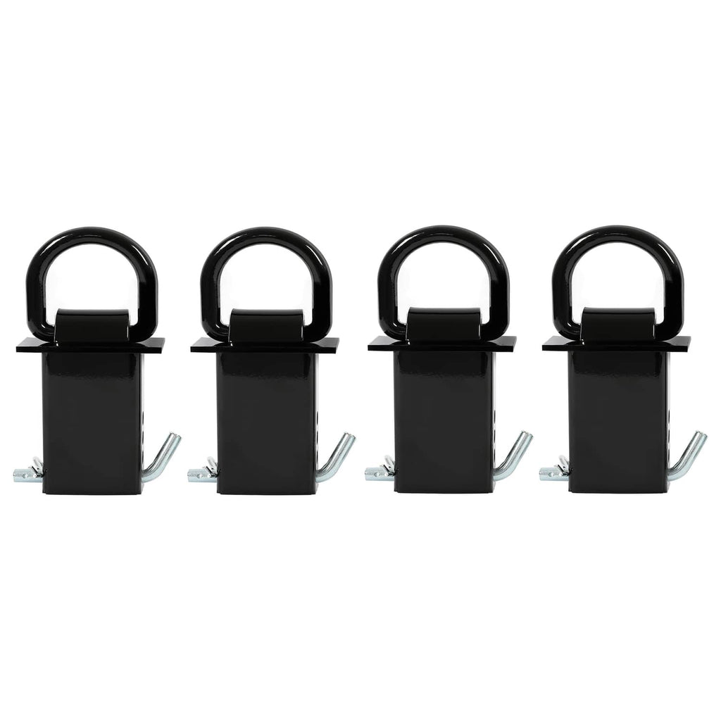 Four black trailer stake pocket D-ring mounts with U-rings and side mounting hardware