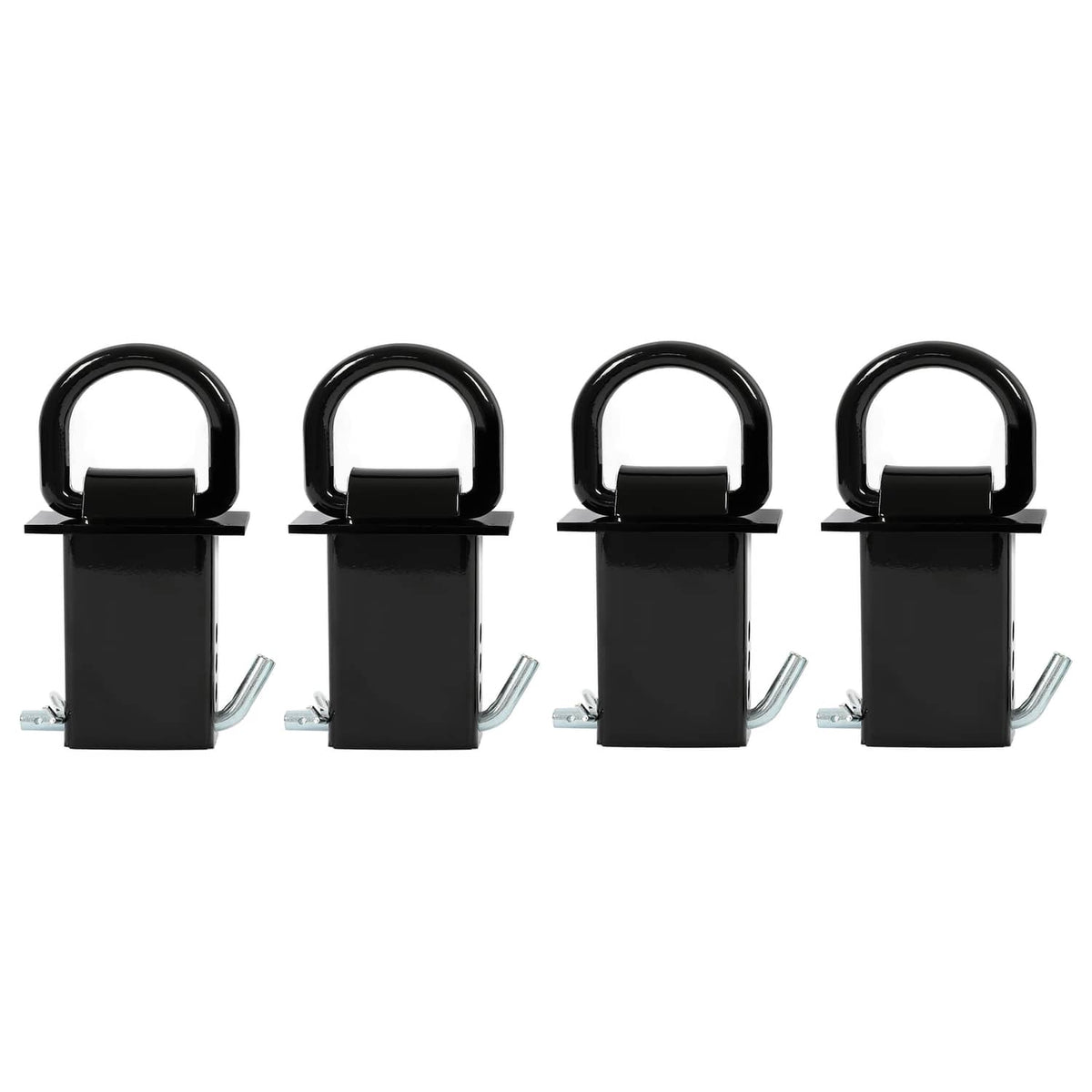 Four black trailer stake pocket D-ring mounts with U-rings and side mounting hardware
