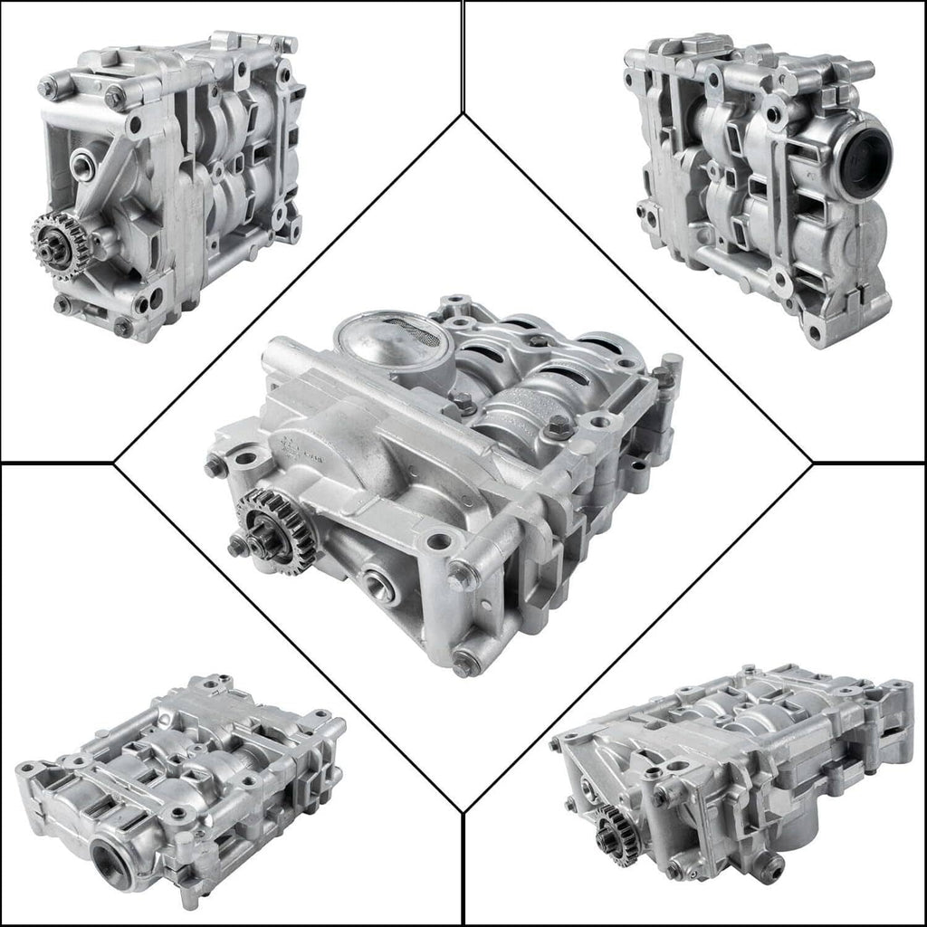 Shaft balance oil pump assembly shown from multiple angles, silver metal housing