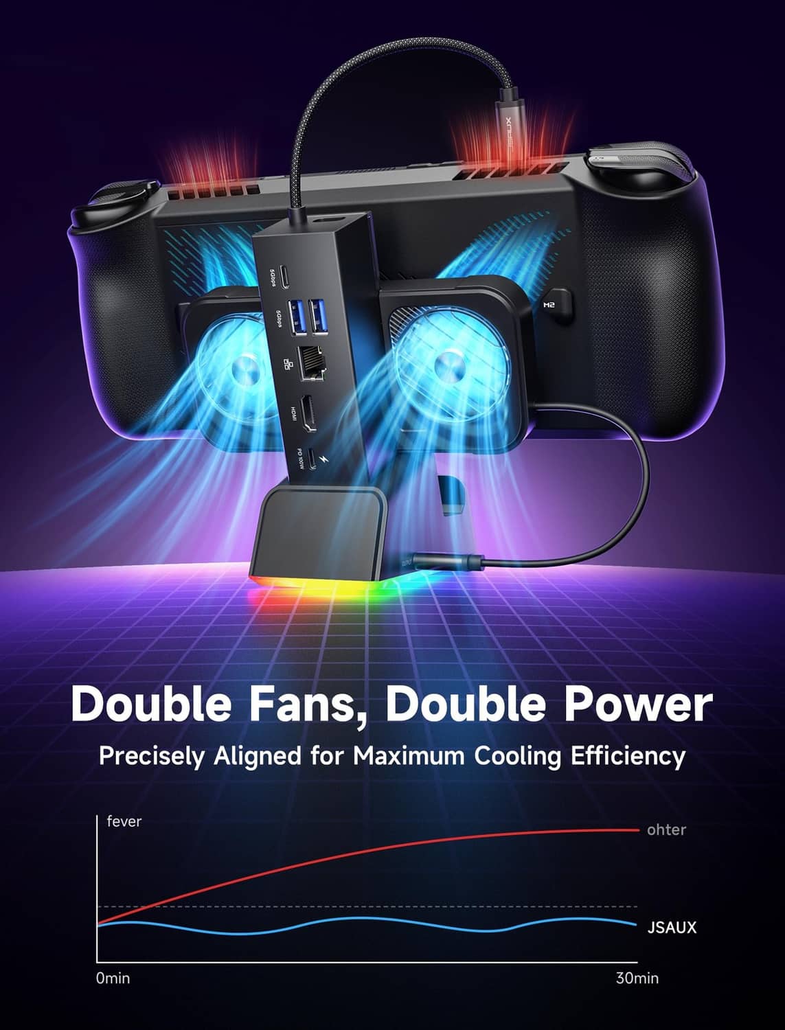 Black handheld docking station with dual RGB fans and glowing power base for cooling