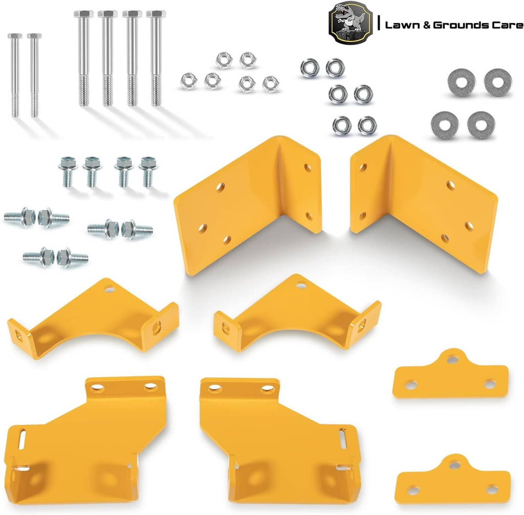 Yellow transmission brackets kit with screws, bolts, washers, and multiple bracket styles