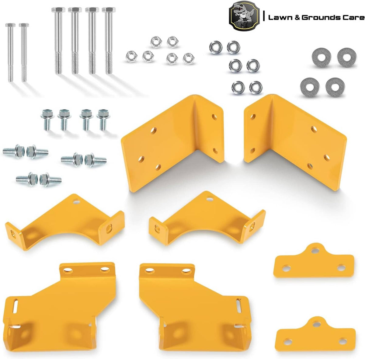Yellow transmission brackets kit with screws, bolts, washers, and multiple bracket styles