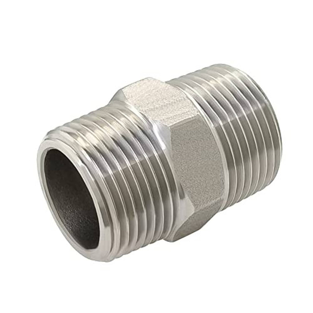 Stainless steel male NPT hex nipple fitting, close view of threaded coupling