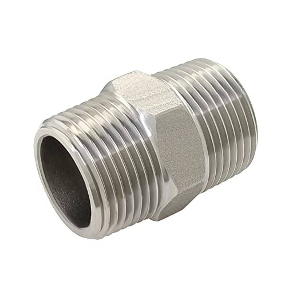 Stainless steel male NPT hex nipple fitting, close view of threaded coupling