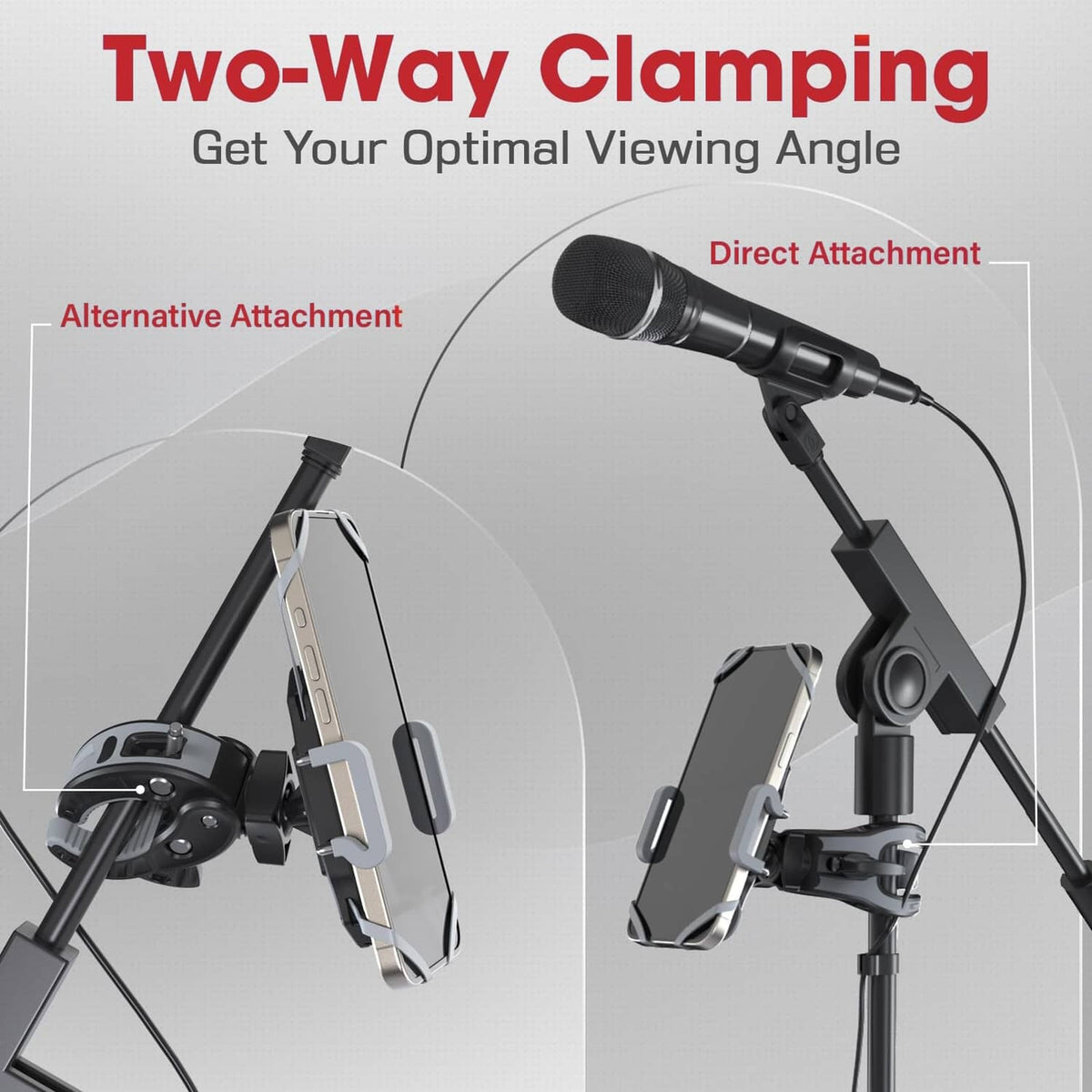 Phone clamp mount with two-way clamping arms for adjustable viewing angle