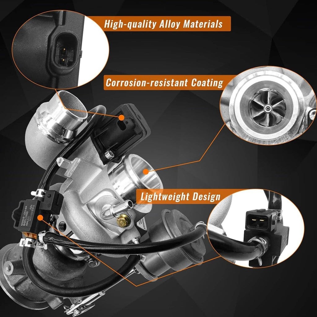 Silver turbocharger with black intake flange and visible sensor wiring connector