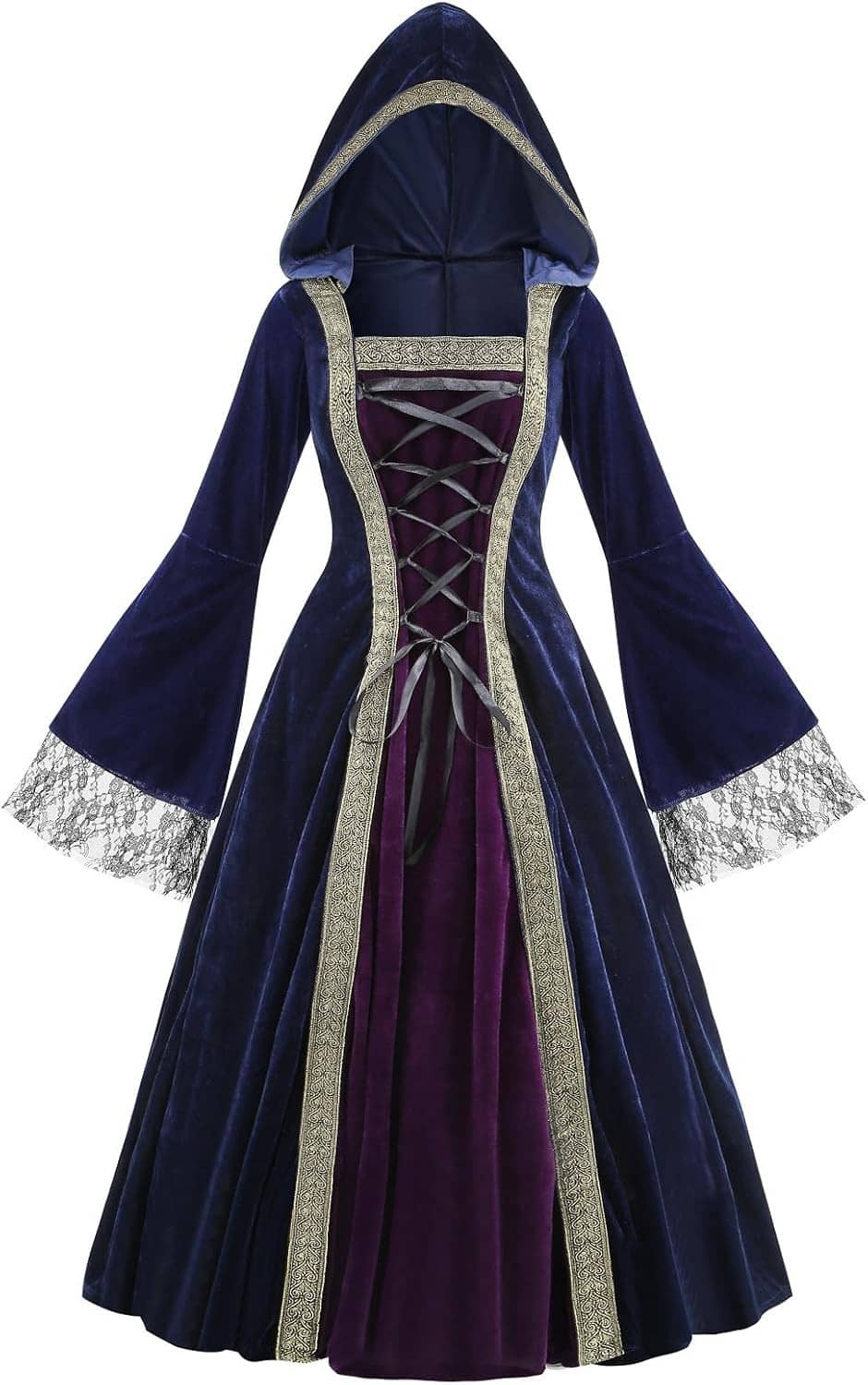 Navy hooded medieval princess gown with corset-laced front and purple skirt panels