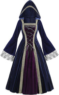 Navy hooded medieval princess gown with corset-laced front and purple skirt panels