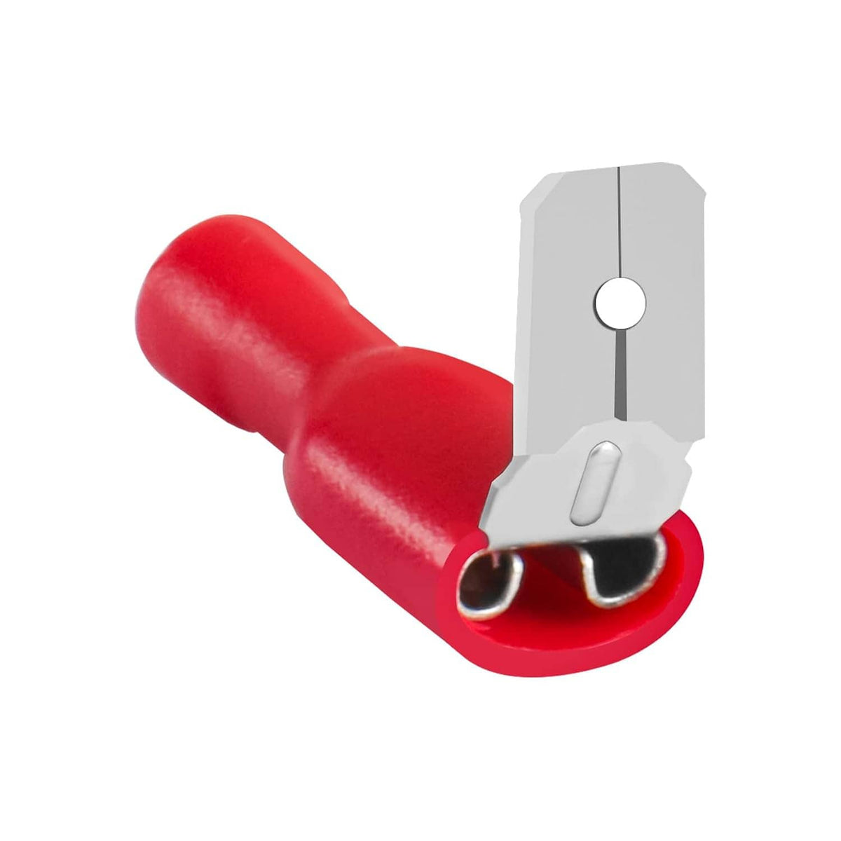 Red insulated spade crimp terminal connector with fork prongs and mounting hole