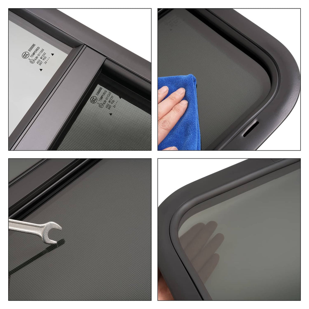 RV window screen and frame details with cleaning hand access points, black trim.