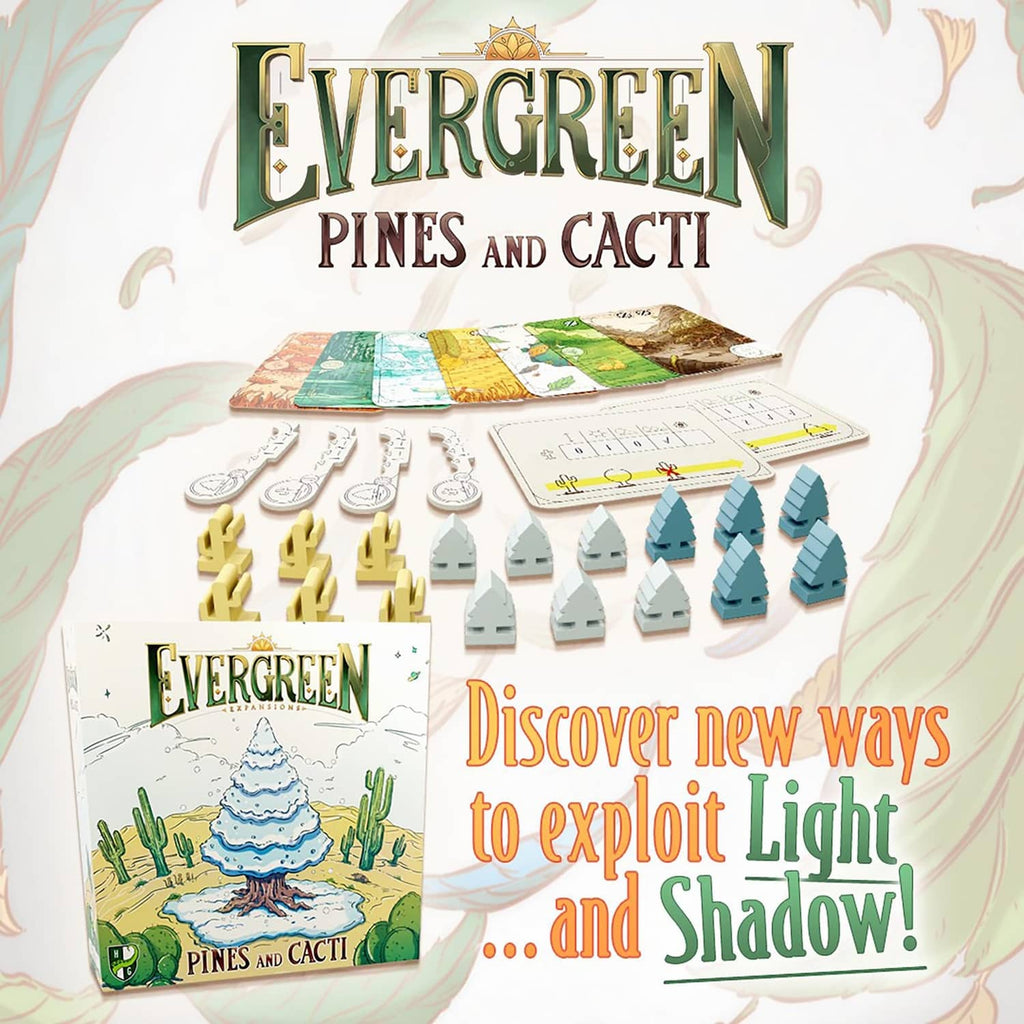 Evergreen Pines and Cacti expansion box with printed terrain cards and light pieces