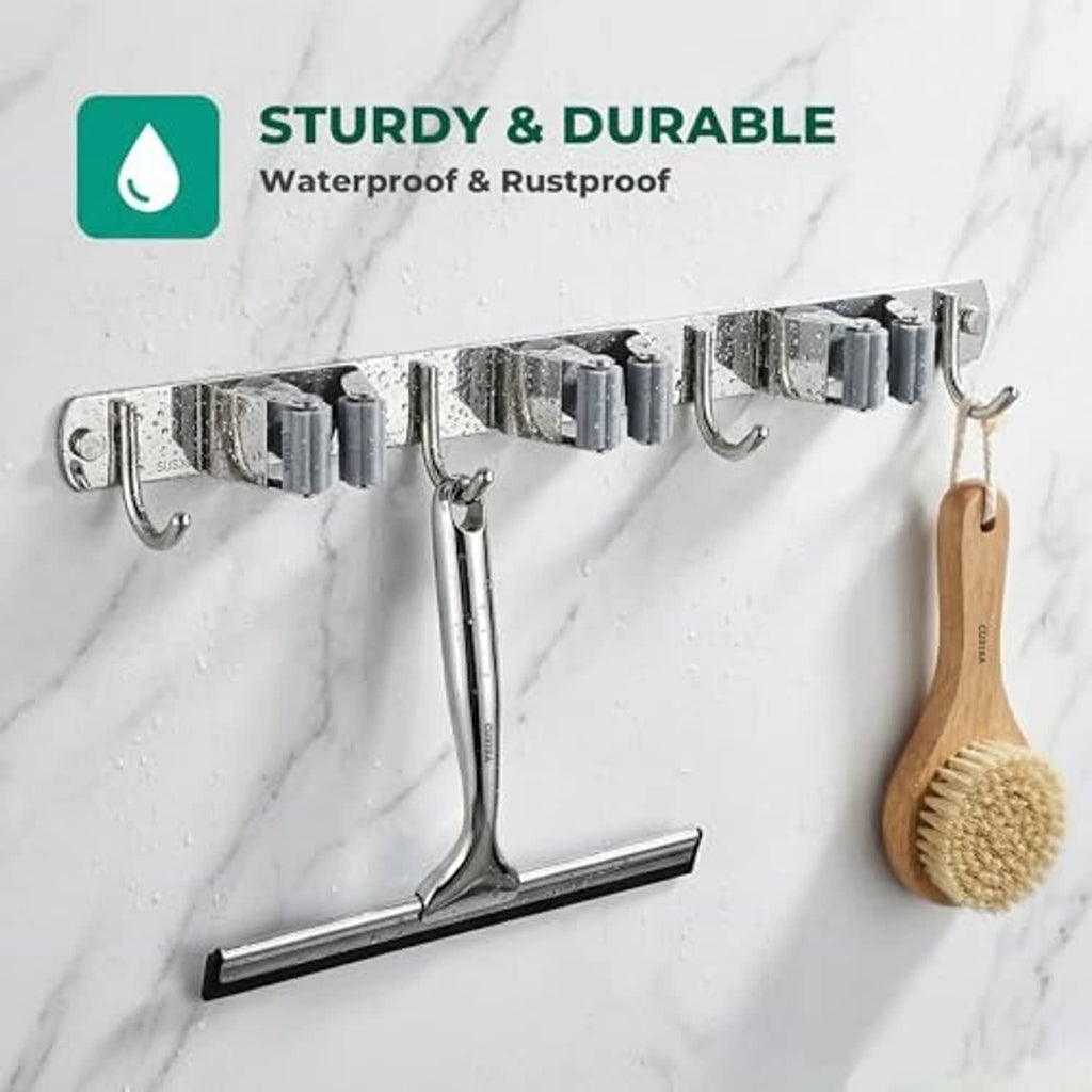 Chrome wall-mount broom holder rack with multiple curved hooks and hanging brooms