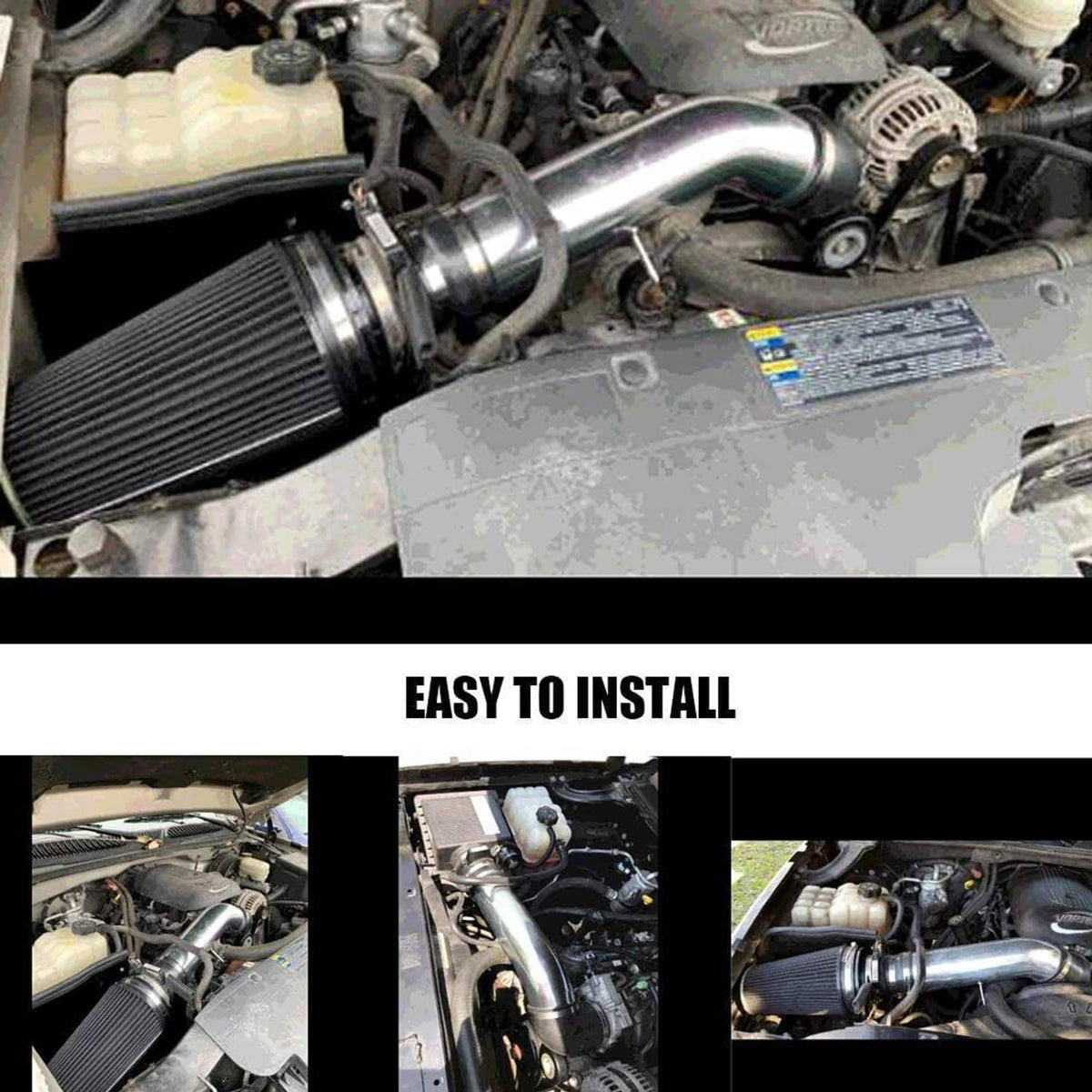 Engine bay intake system with silver tube, black cone air filter, and heat shield.