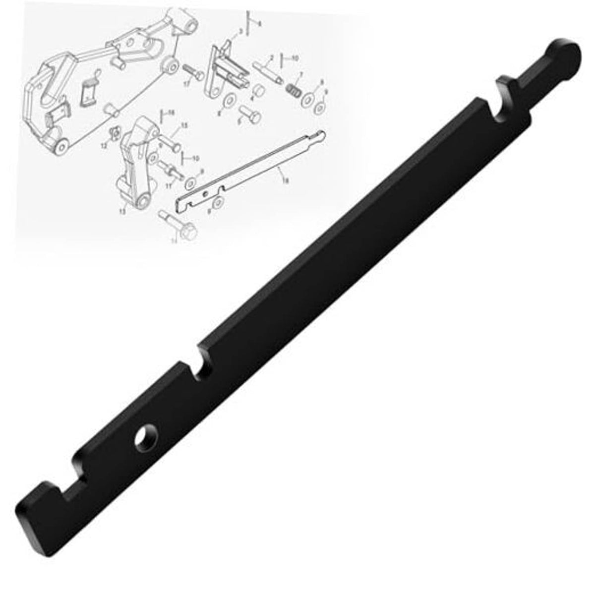 Shift cable adjustment tool, black metal bar with two end tabs and mounting holes