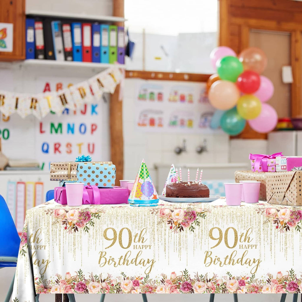 90th birthday tablecloth with floral print and rose-gold 90th Happy Birthday lettering