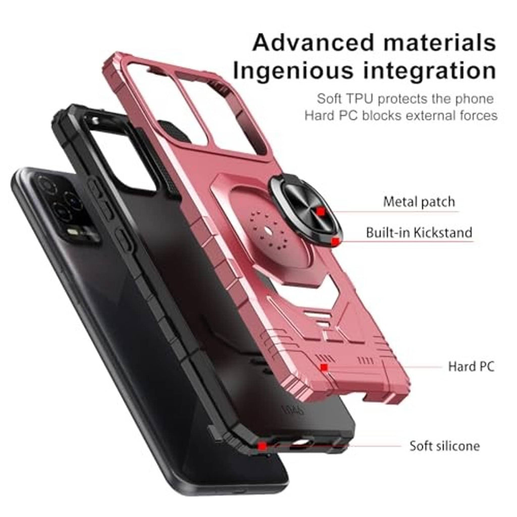 Rose gold rugged phone case with metal ring kickstand and textured front grip panel