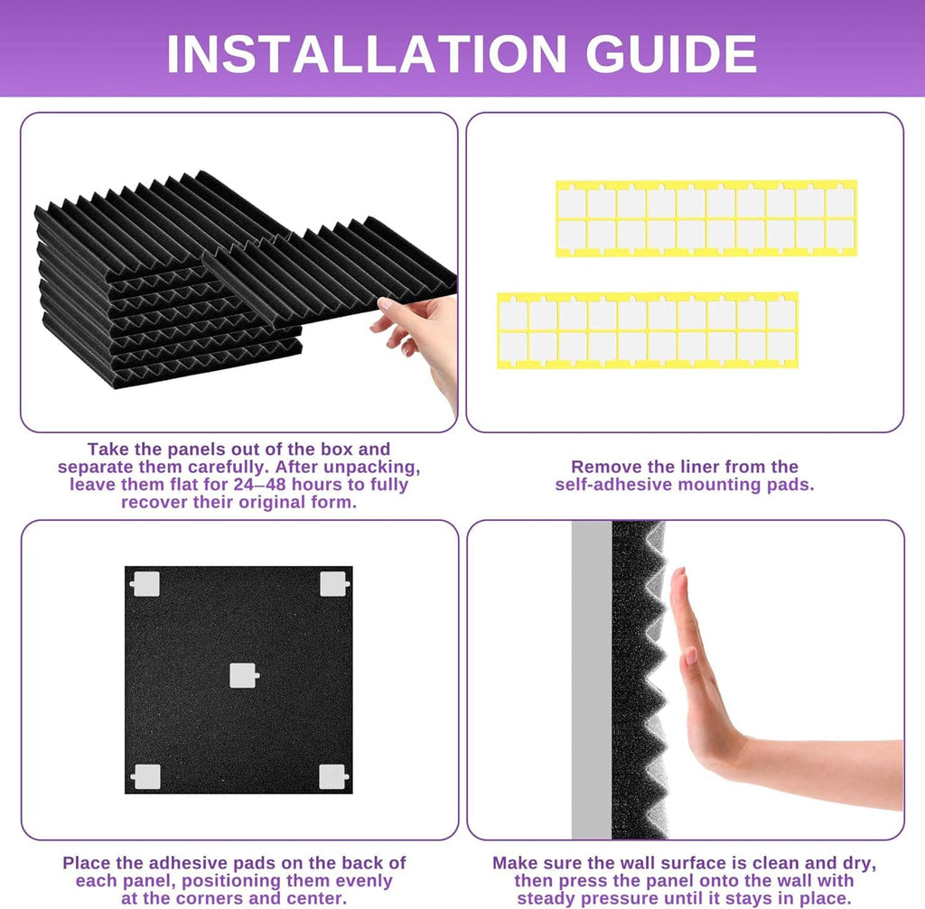 Installation guide showing black acoustic foam panels and adhesive pad placement