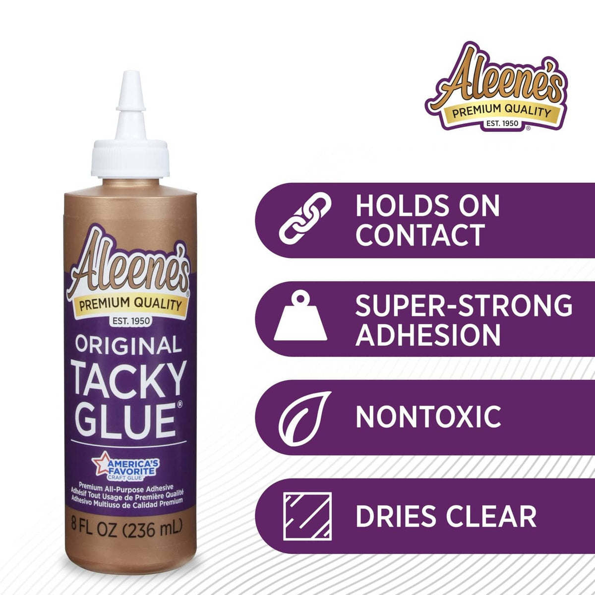 Aleene's Original Tacky Glue bottle with nozzle, holds on contact feature icons