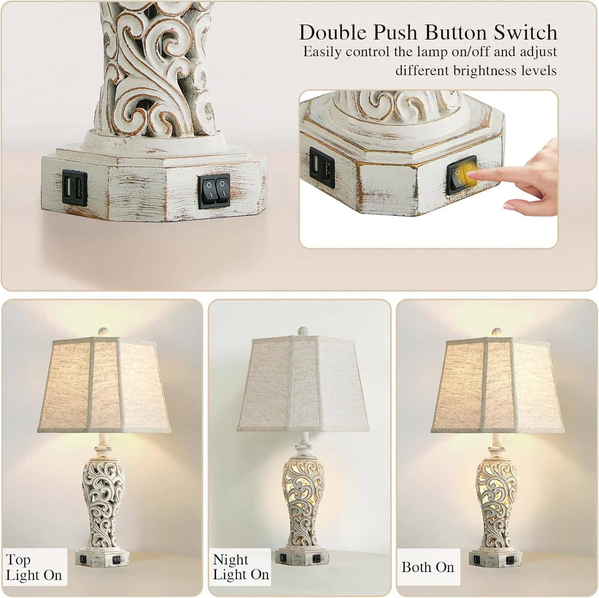 Set of 2 rustic table lamps with carved bases, dual switches, and beige linen shades