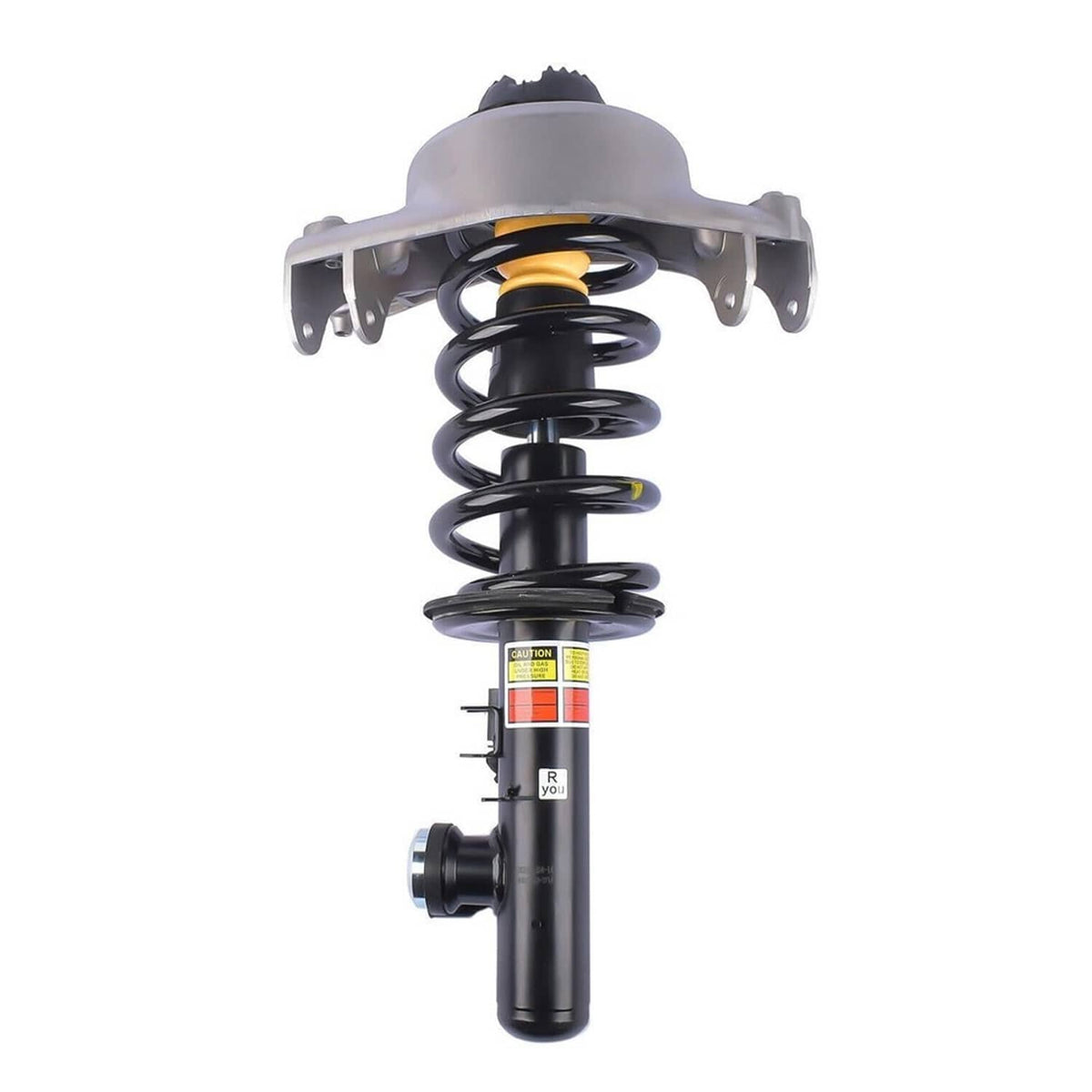 Single front shock strut with black coil spring, silver top mount, and label