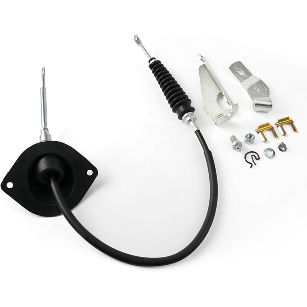 Transmission shift cable assembly with black cable and two metal lever pieces, hardware kit