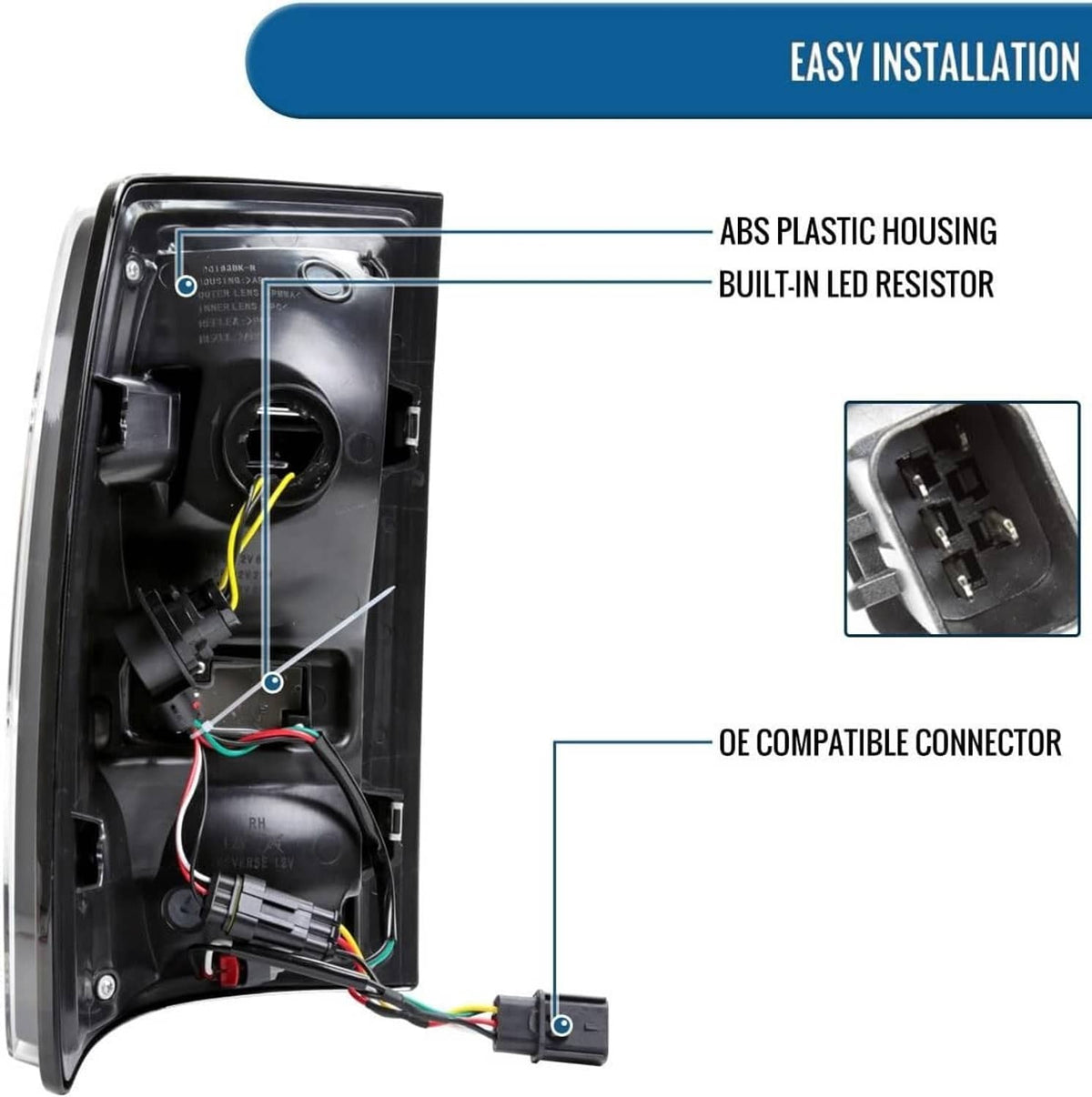 LED tail light assembly with ABS plastic housing and visible wiring connector for installation
